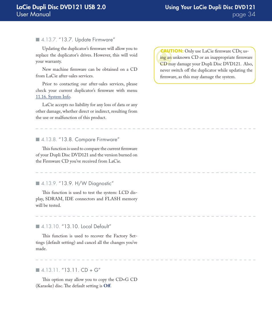 “13.7. update firmware, “13.8. compare firmware, “13.9. h/w diagnostic | “13.10. local default, “13.11. cd + g | LaCie DVD121 User Manual | Page 34 / 40