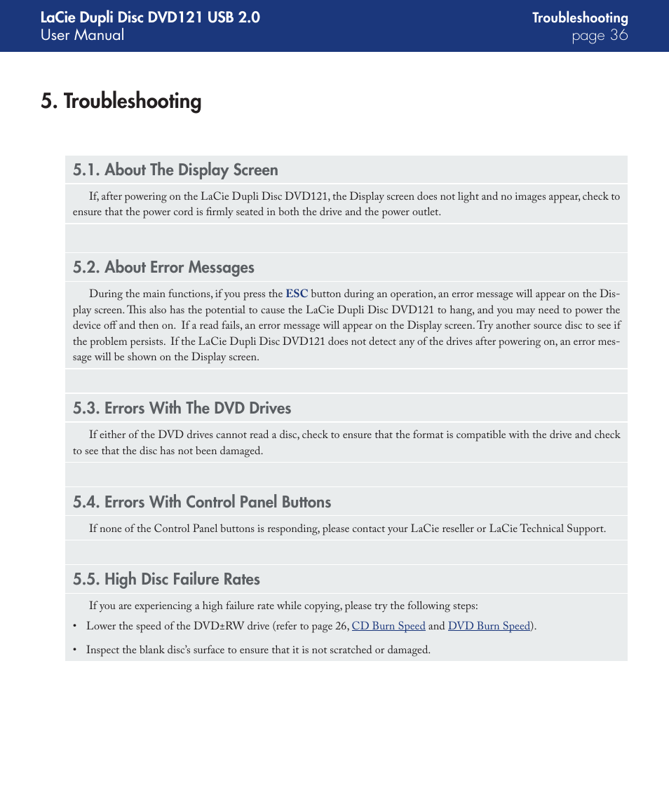Troubleshooting, About the display screen, About error messages | Errors with the dvd drives, Errors with control panel buttons, High disc failure rates | LaCie DVD121 User Manual | Page 36 / 40