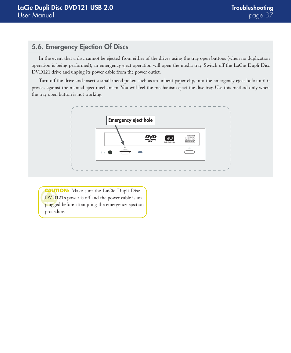 Emergency ejection of discs | LaCie DVD121 User Manual | Page 37 / 40