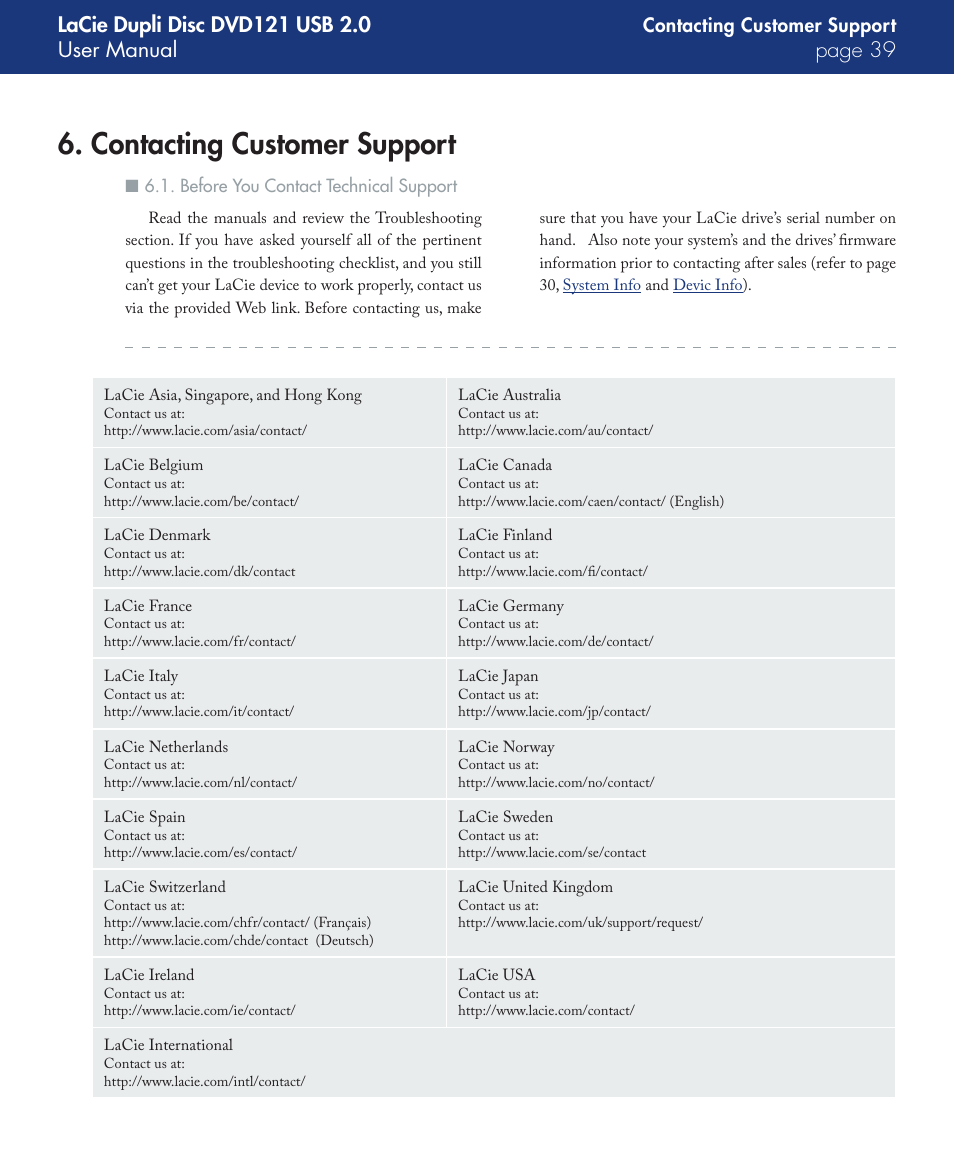 Contacting customer support, Before you contact technical support | LaCie DVD121 User Manual | Page 39 / 40