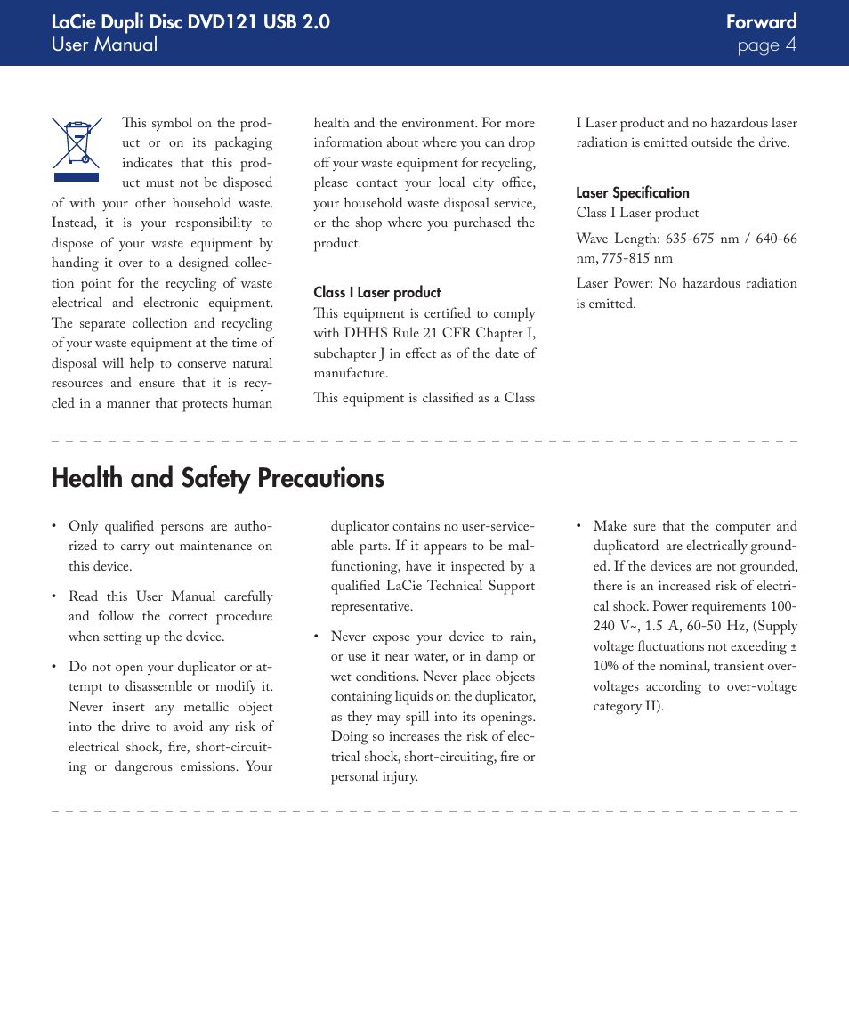 Health and safety precautions | LaCie DVD121 User Manual | Page 4 / 40