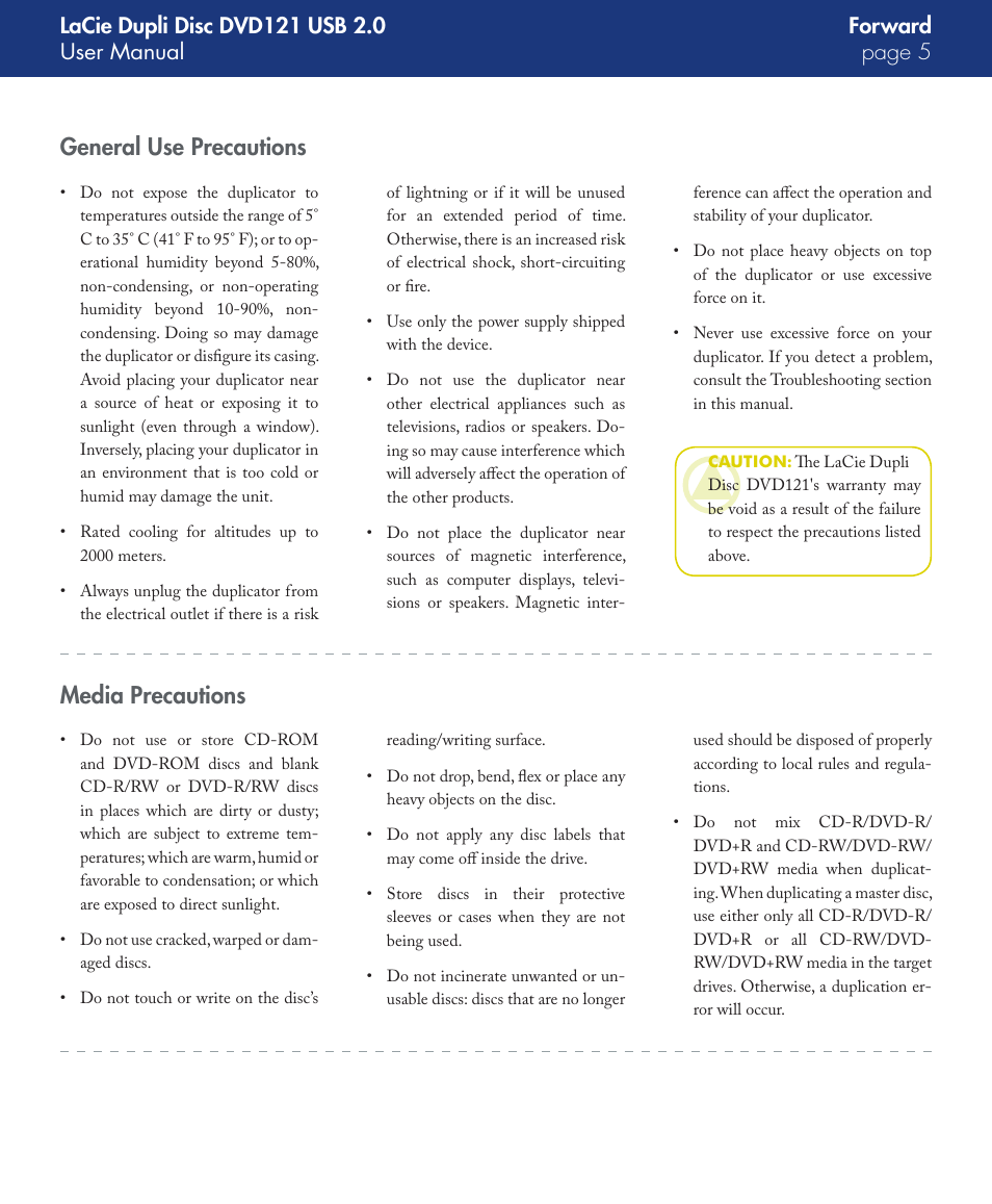 General use precautions, Media precautions, Forward | LaCie DVD121 User Manual | Page 5 / 40