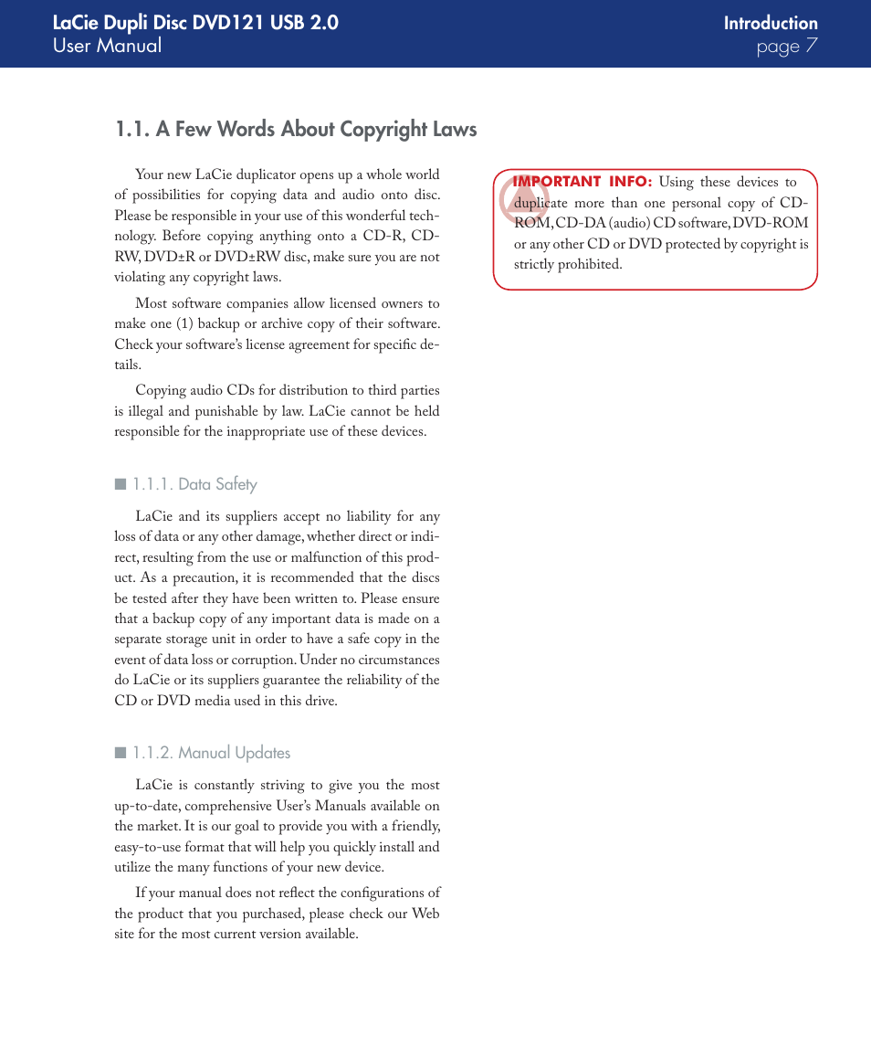 A few words about copyright laws, Data safety, Manual updates | LaCie DVD121 User Manual | Page 7 / 40
