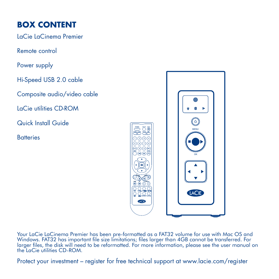 Box content | LaCie LaCinema Premier User Manual | Page 3 / 24