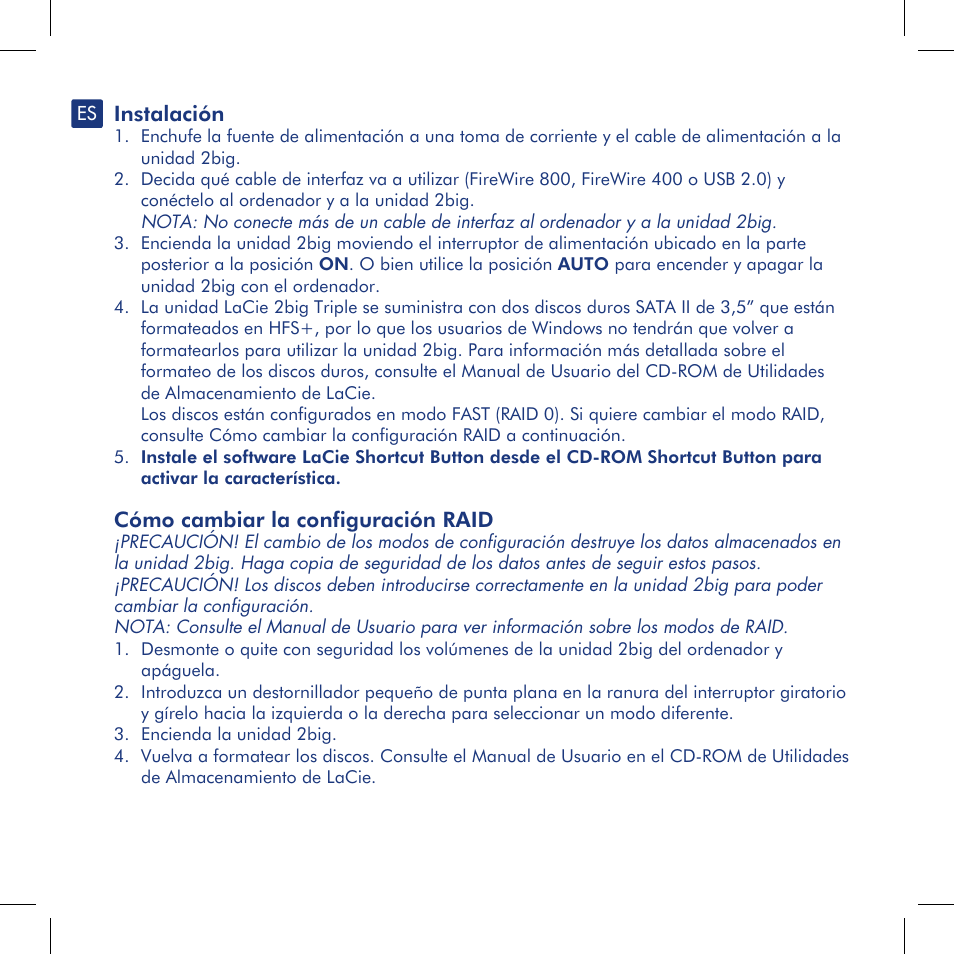 Instalación, Cómo cambiar la configuración raid | LaCie 2big triple User Manual | Page 10 / 24