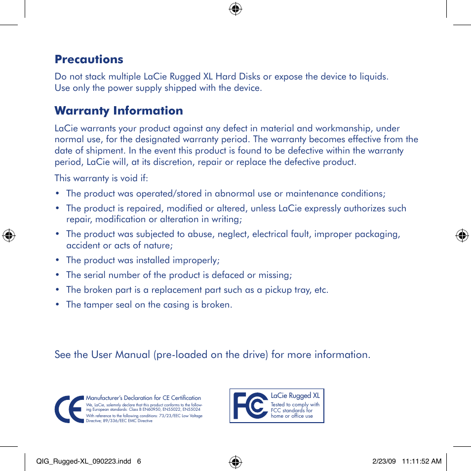 Precautions, Warranty information | LaCie rugged XL User Manual | Page 6 / 24