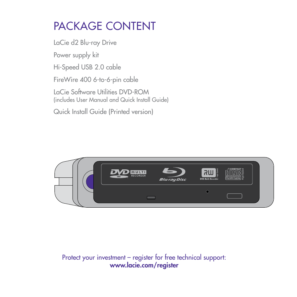 Package content | LaCie d2 Blu-ray User Manual | Page 3 / 16