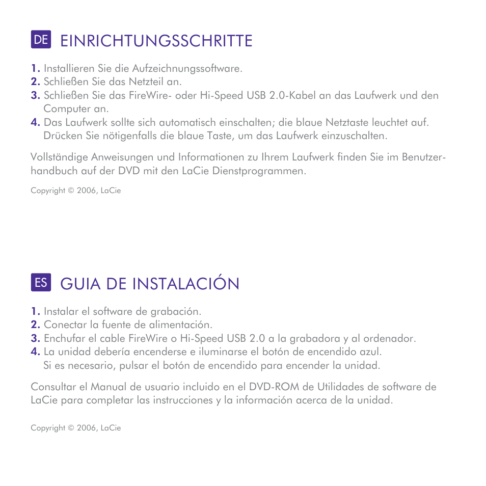 Einrichtungsschritte, Guia de instalación | LaCie d2 Blu-ray User Manual | Page 7 / 16