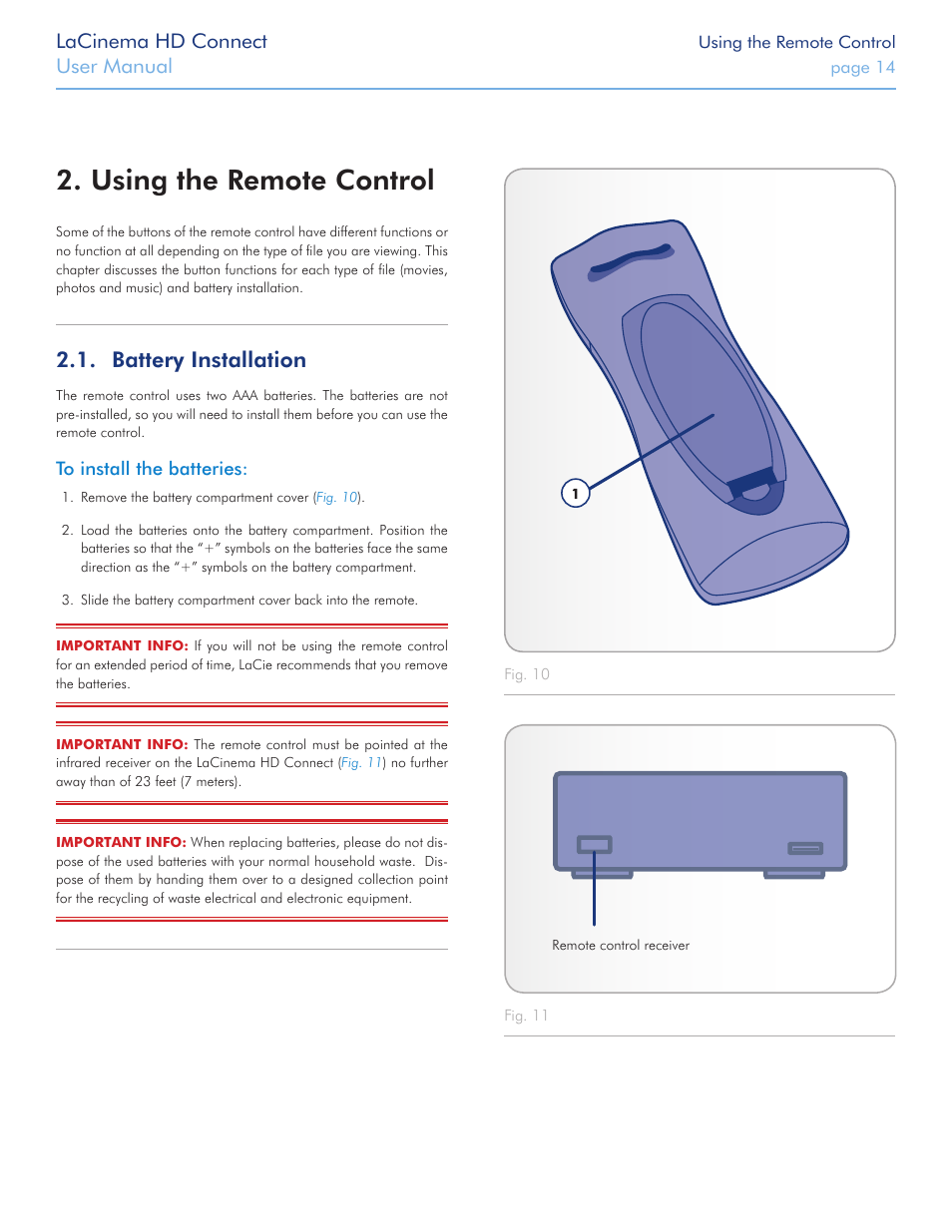 Using the remote control, Battery installation, Lacinema hd connect | User manual | LaCie LaCinema HD Connect User Manual | Page 14 / 72