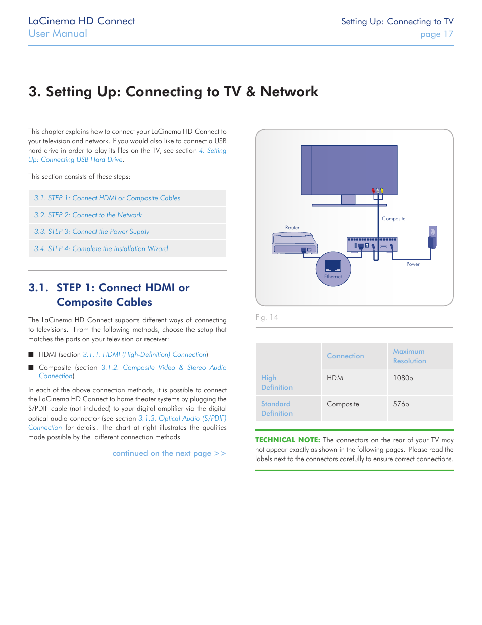 Setting up: connecting to tv & network, Step 1: connect hdmi or composite cables, Lacinema hd connect | User manual | LaCie LaCinema HD Connect User Manual | Page 17 / 72