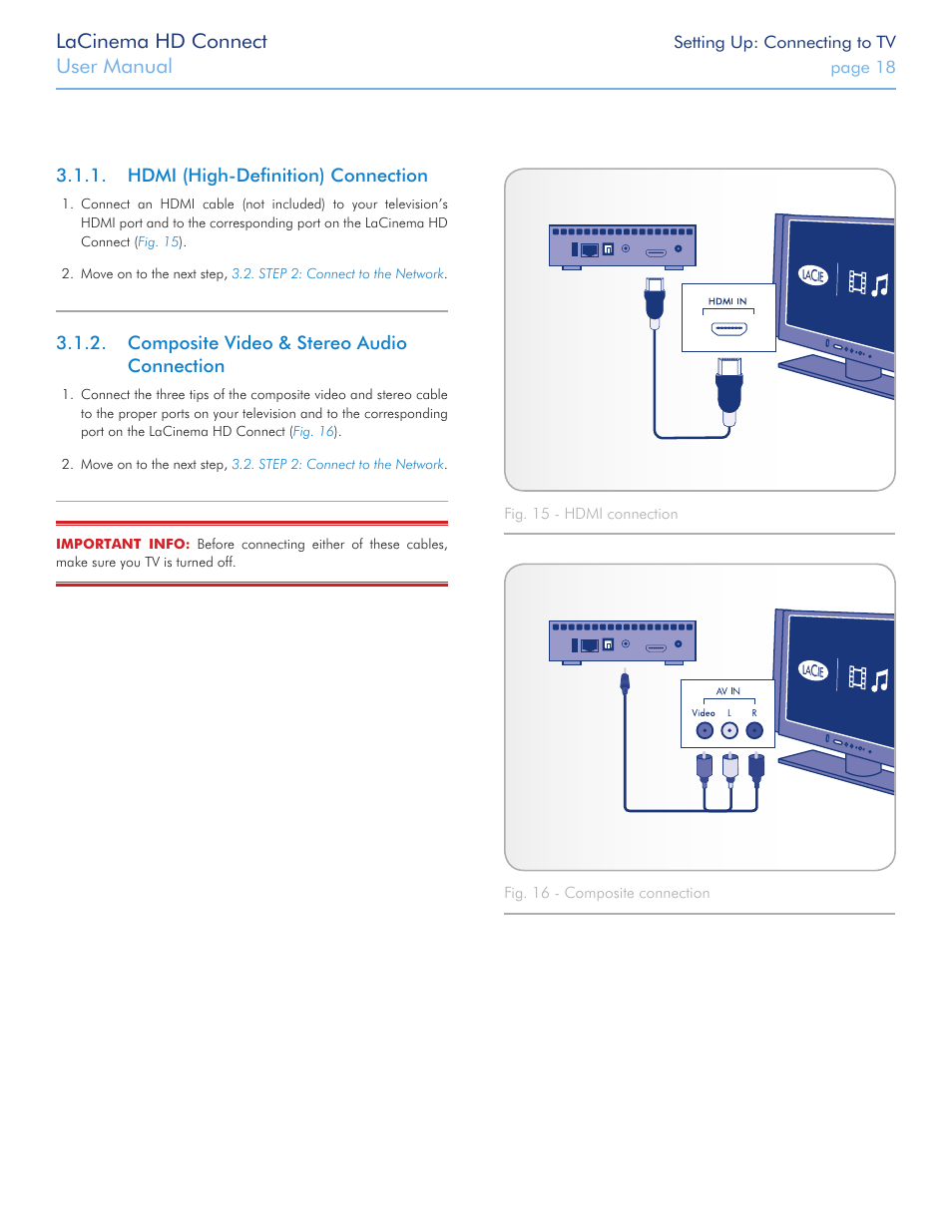 Hdmi (high-definition) connection, Composite video & stereo audio connection, Hdmi (section | Composite video & stereo audio, Connection, Lacinema hd connect, User manual | LaCie LaCinema HD Connect User Manual | Page 18 / 72