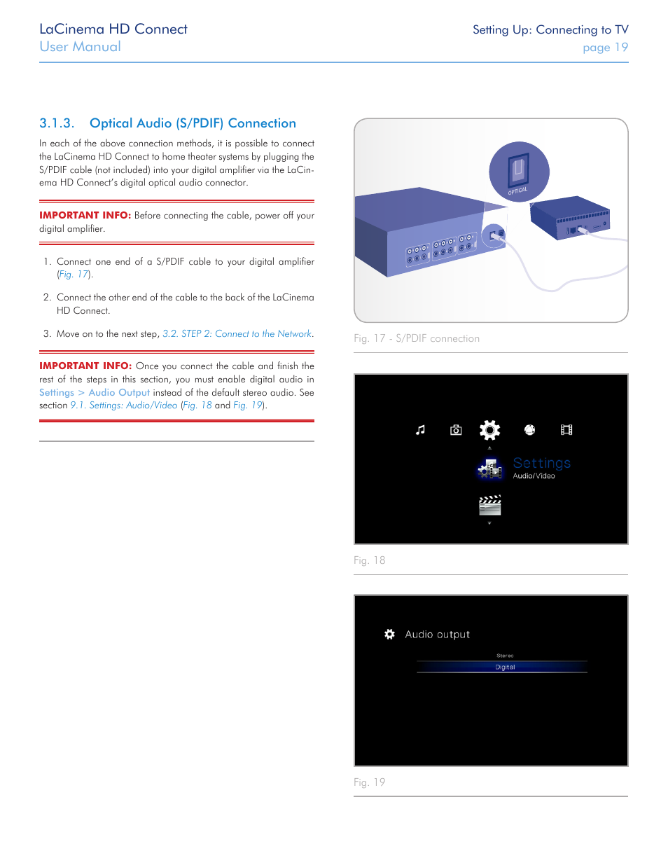 Optical audio (s/pdif) connection, Optical audio connector (see section, Optical audio (s/pdif) | Connection, Lacinema hd connect, User manual | LaCie LaCinema HD Connect User Manual | Page 19 / 72