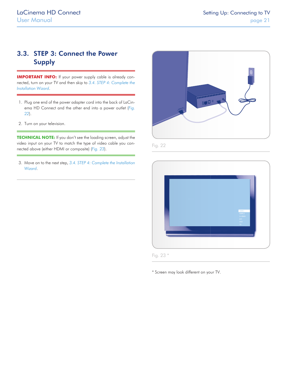 Step 3: connect the power supply, Now move on to the next step, Step 3: connect the power | Supply, Lacinema hd connect, User manual | LaCie LaCinema HD Connect User Manual | Page 21 / 72