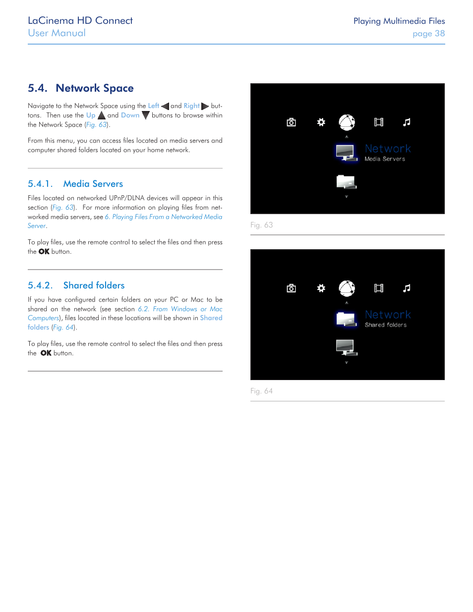 Network space, Media servers, Shared folders | Media servers 5.4.2. shared folders, Lacinema hd connect, User manual | LaCie LaCinema HD Connect User Manual | Page 38 / 72