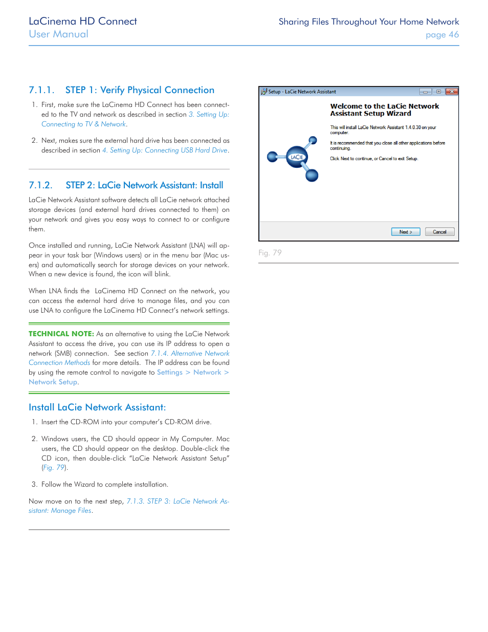 Step 1: verify physical connection, Step 2: lacie network assistant: install, Lacinema hd connect | User manual | LaCie LaCinema HD Connect User Manual | Page 46 / 72