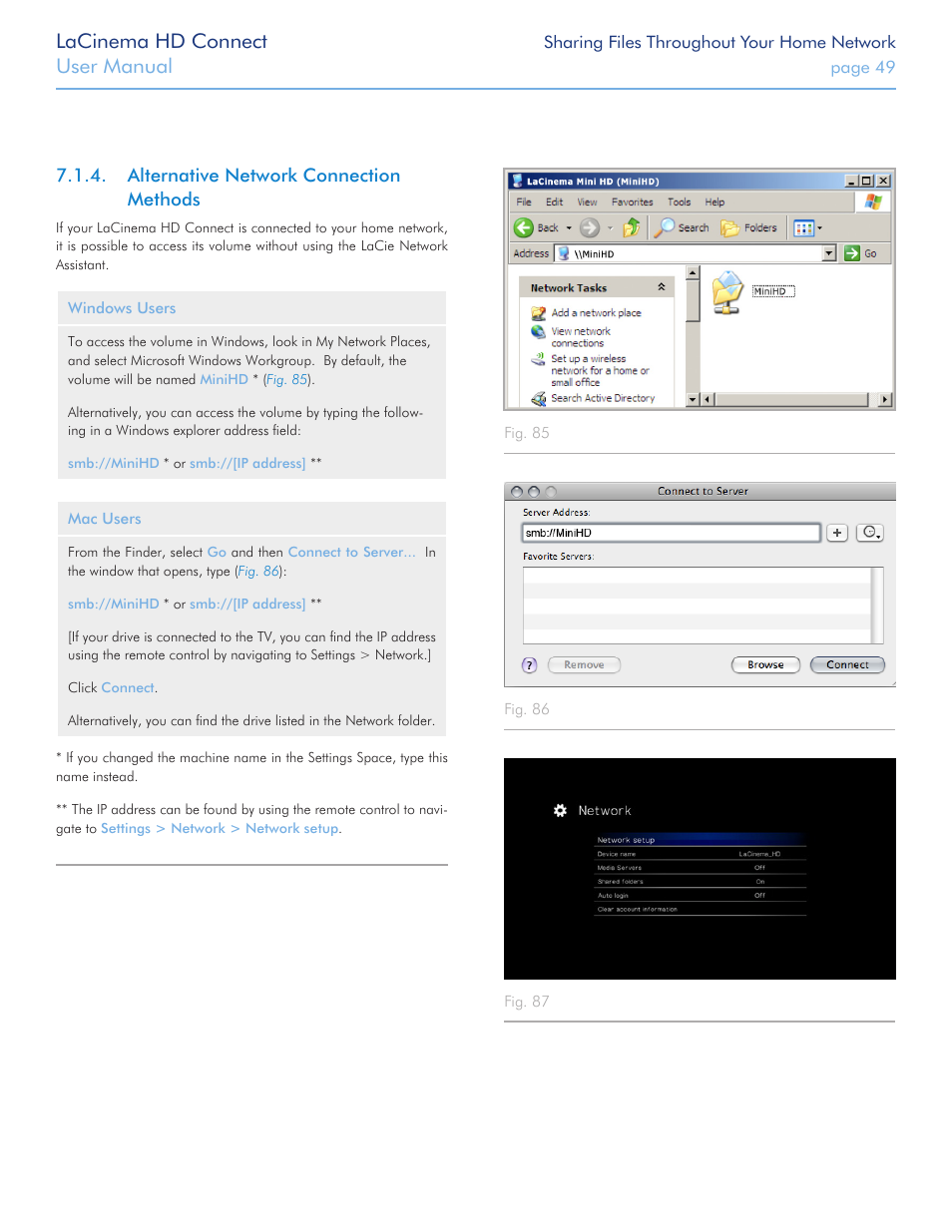 Alternative network connection methods, Network (smb) connection. see section, Alternative network | Connection methods, For more details. the ip address can be found, Lacinema hd connect, User manual | LaCie LaCinema HD Connect User Manual | Page 49 / 72