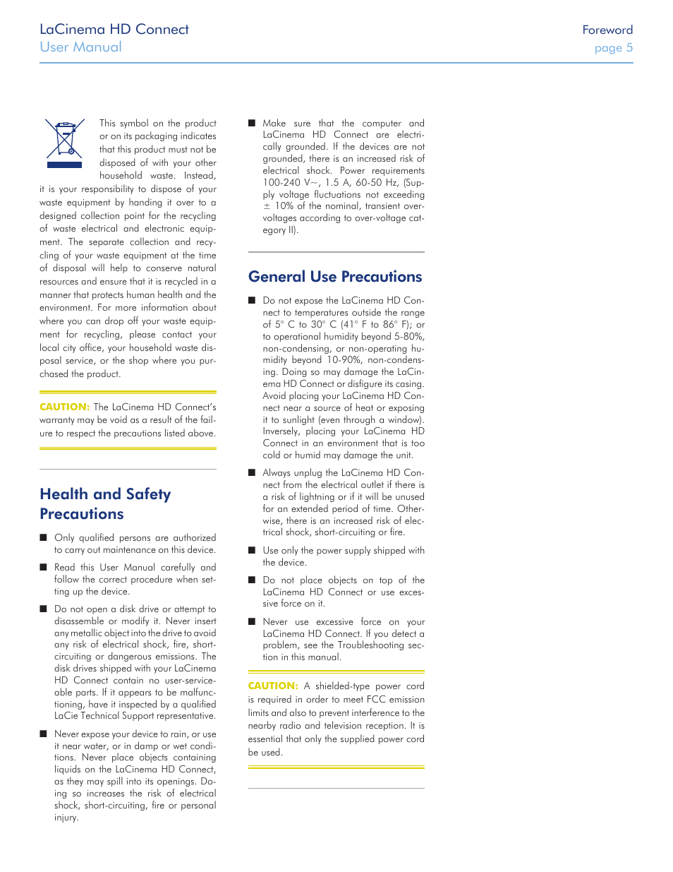 Health and safety precautions, General use precautions, Lacinema hd connect | User manual | LaCie LaCinema HD Connect User Manual | Page 5 / 72