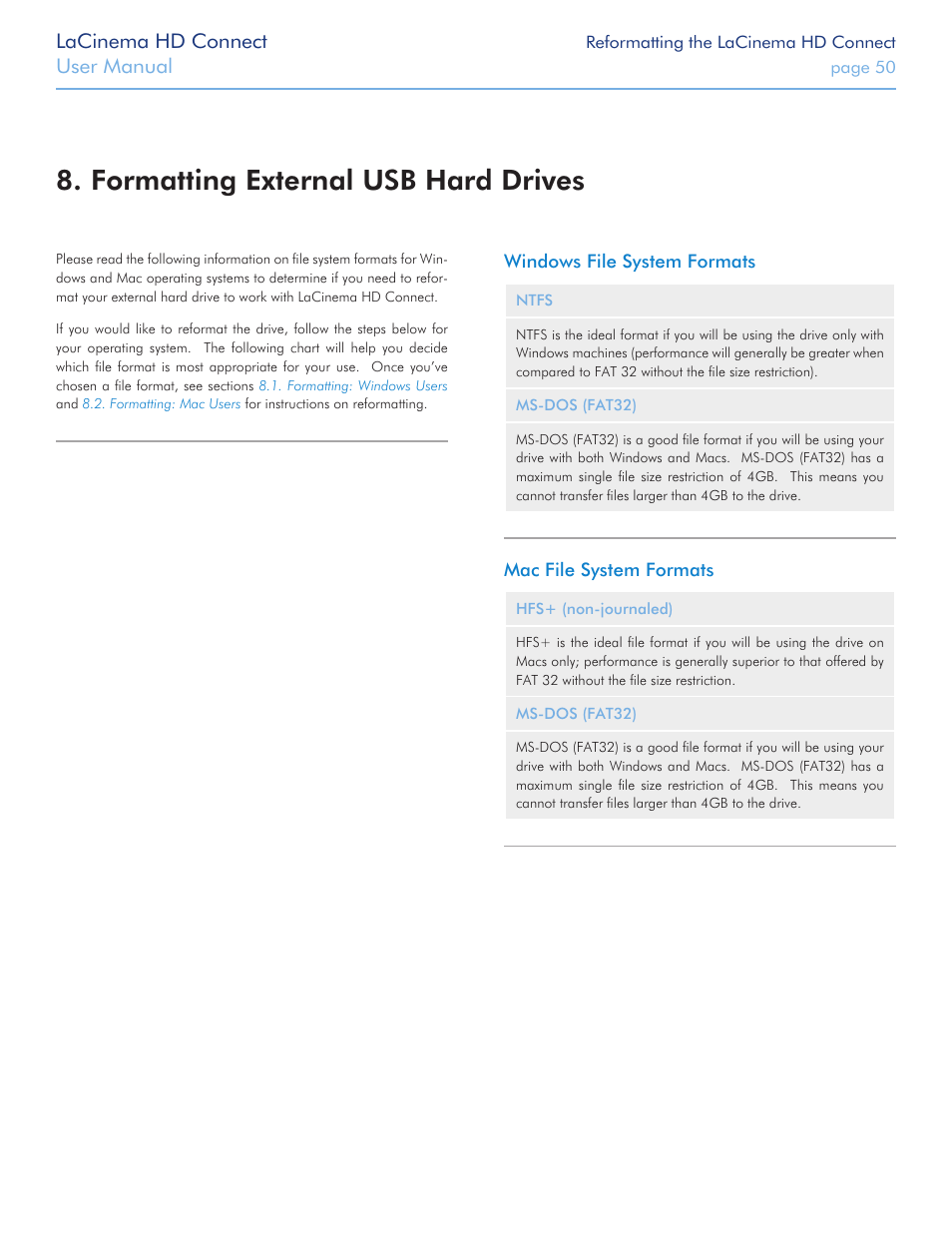 Formatting external usb hard drives, Formatting external, Usb hard drives | Lacinema hd connect, User manual | LaCie LaCinema HD Connect User Manual | Page 50 / 72