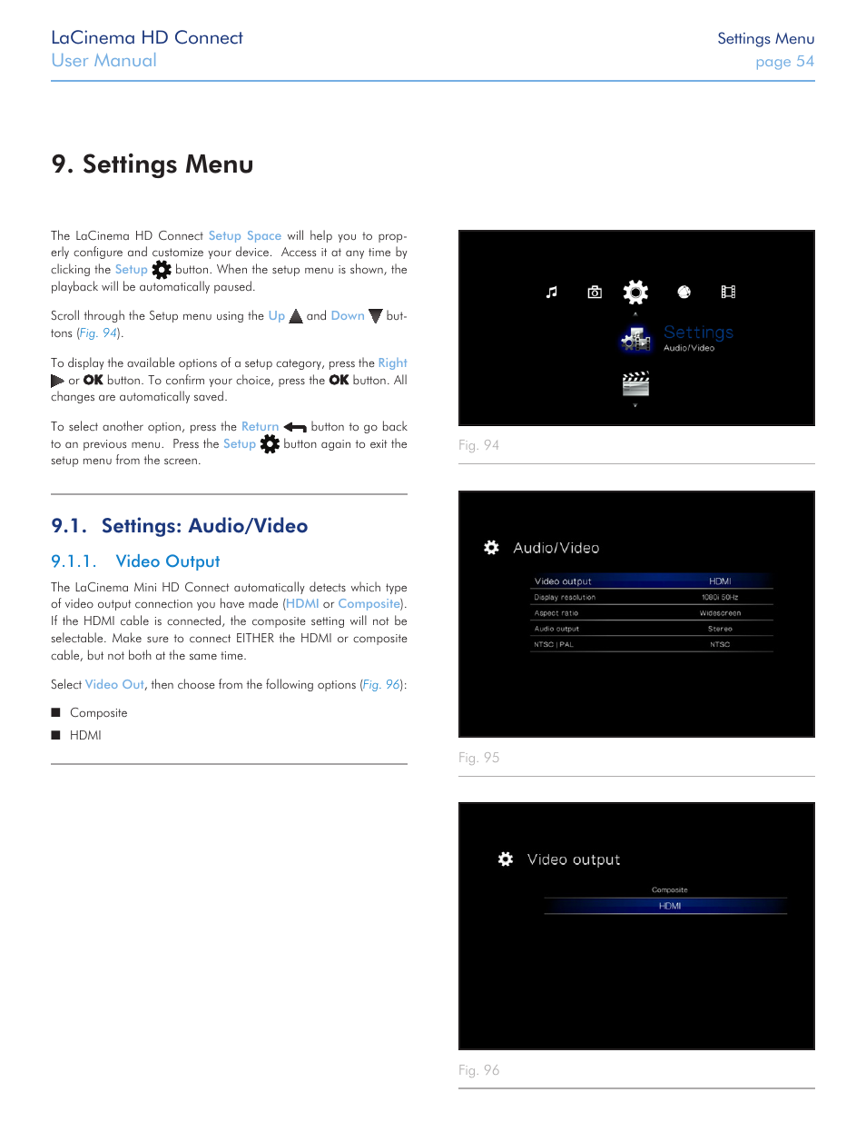 Settings menu, Settings: audio/video, Video output | Lacinema hd connect, User manual | LaCie LaCinema HD Connect User Manual | Page 54 / 72