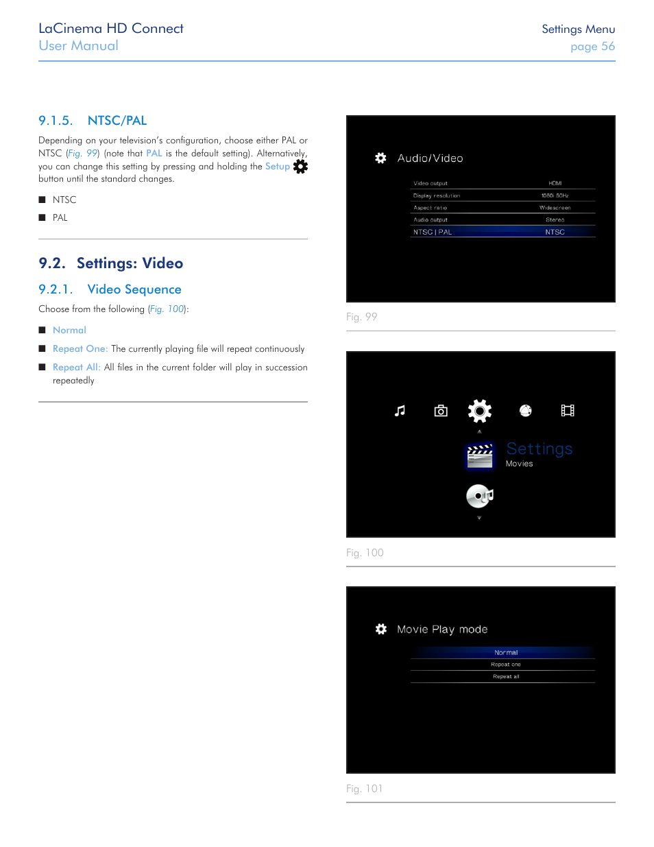 Ntsc/pal, Settings: video, Video sequence | Step 1: connect hdmi or composite cables, Setup is finished. for further details, move on to, Playing, Multimedia files, Playing multi, Media files, Lacinema hd connect | LaCie LaCinema HD Connect User Manual | Page 56 / 72