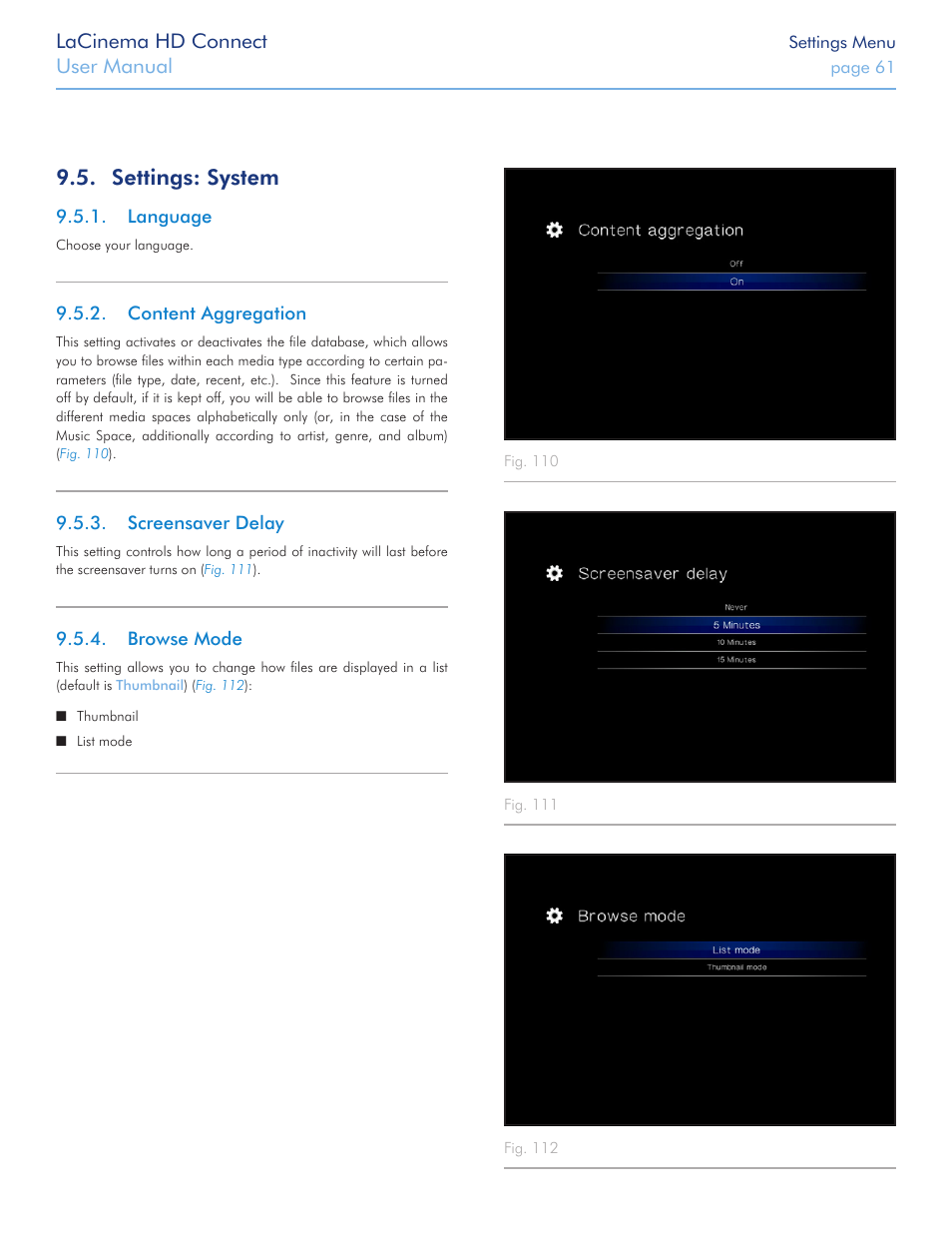 Settings: system, Language, Content aggregation | Screensaver delay, Browse mode, Lacinema hd connect, User manual | LaCie LaCinema HD Connect User Manual | Page 61 / 72