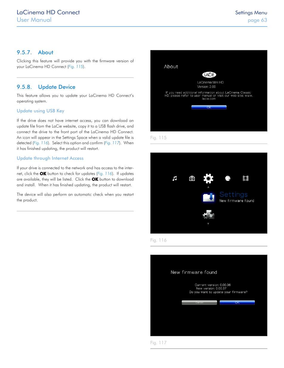 About, Update device, About 9.5.8. update device | Lacinema hd connect, User manual | LaCie LaCinema HD Connect User Manual | Page 63 / 72