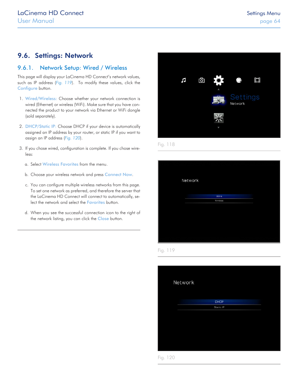 Settings: network, Network setup: wired / wireless, Lacinema hd connect | User manual | LaCie LaCinema HD Connect User Manual | Page 64 / 72