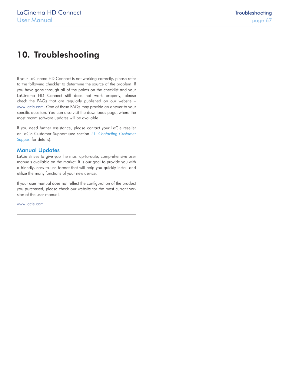 Troubleshooting, Lacinema hd connect, User manual | LaCie LaCinema HD Connect User Manual | Page 67 / 72