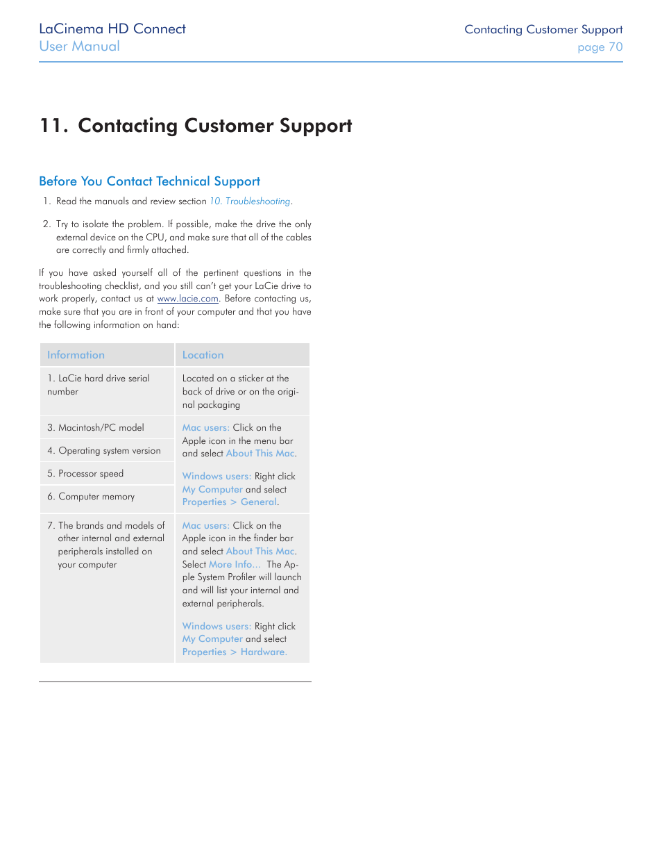 Contacting customer support, Lacinema hd connect, User manual | LaCie LaCinema HD Connect User Manual | Page 70 / 72