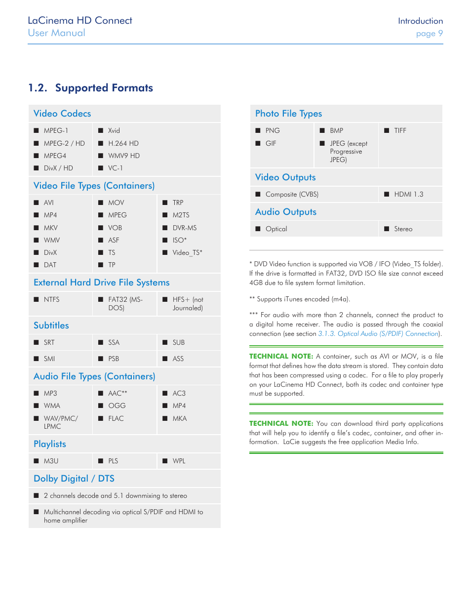 Supported formats, Lacinema hd connect, User manual | Video codecs, Video file types (containers), External hard drive file systems, Subtitles, Audio file types (containers), Playlists, Dolby digital / dts | LaCie LaCinema HD Connect User Manual | Page 9 / 72