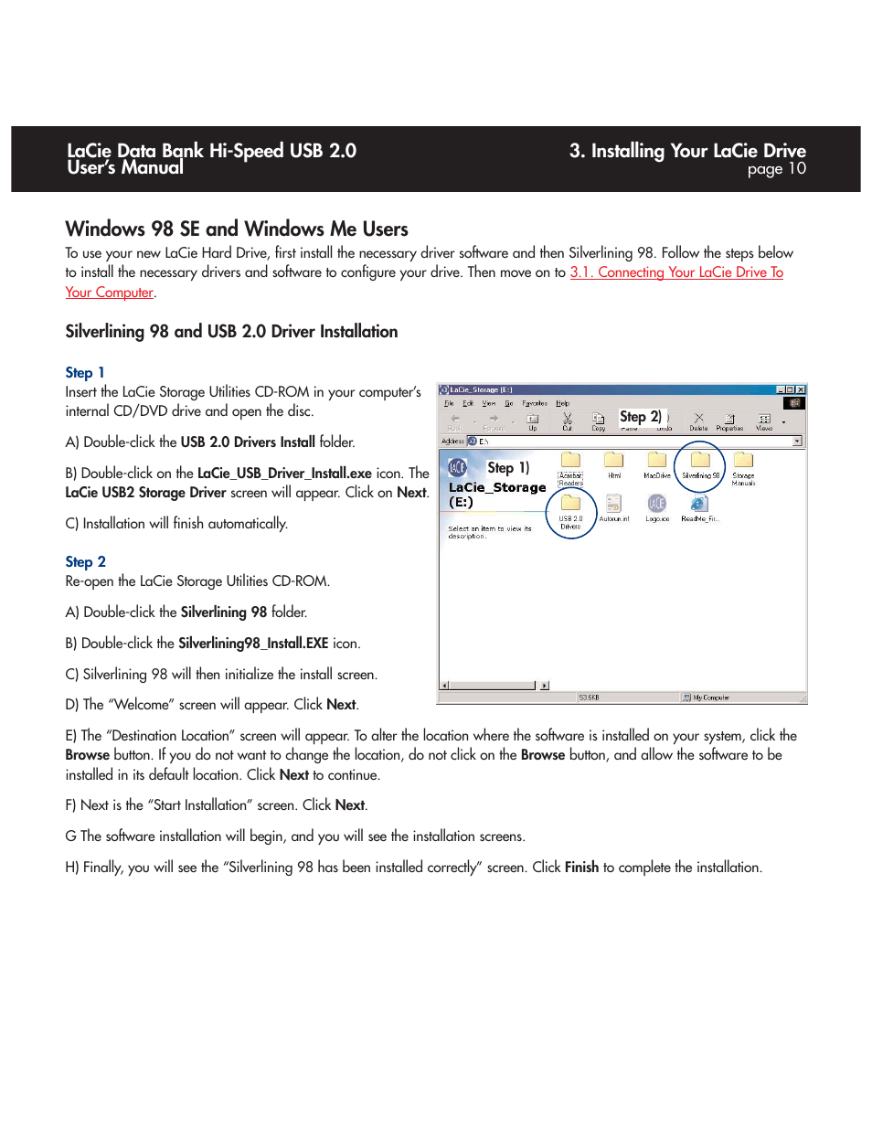 Windows 98 se and windows me users, click, Here, Windows 98 se and windows me users | Installing your lacie drive, Lacie data bank hi-speed usb 2.0 user’s manual | LaCie Databank User Manual | Page 10 / 39