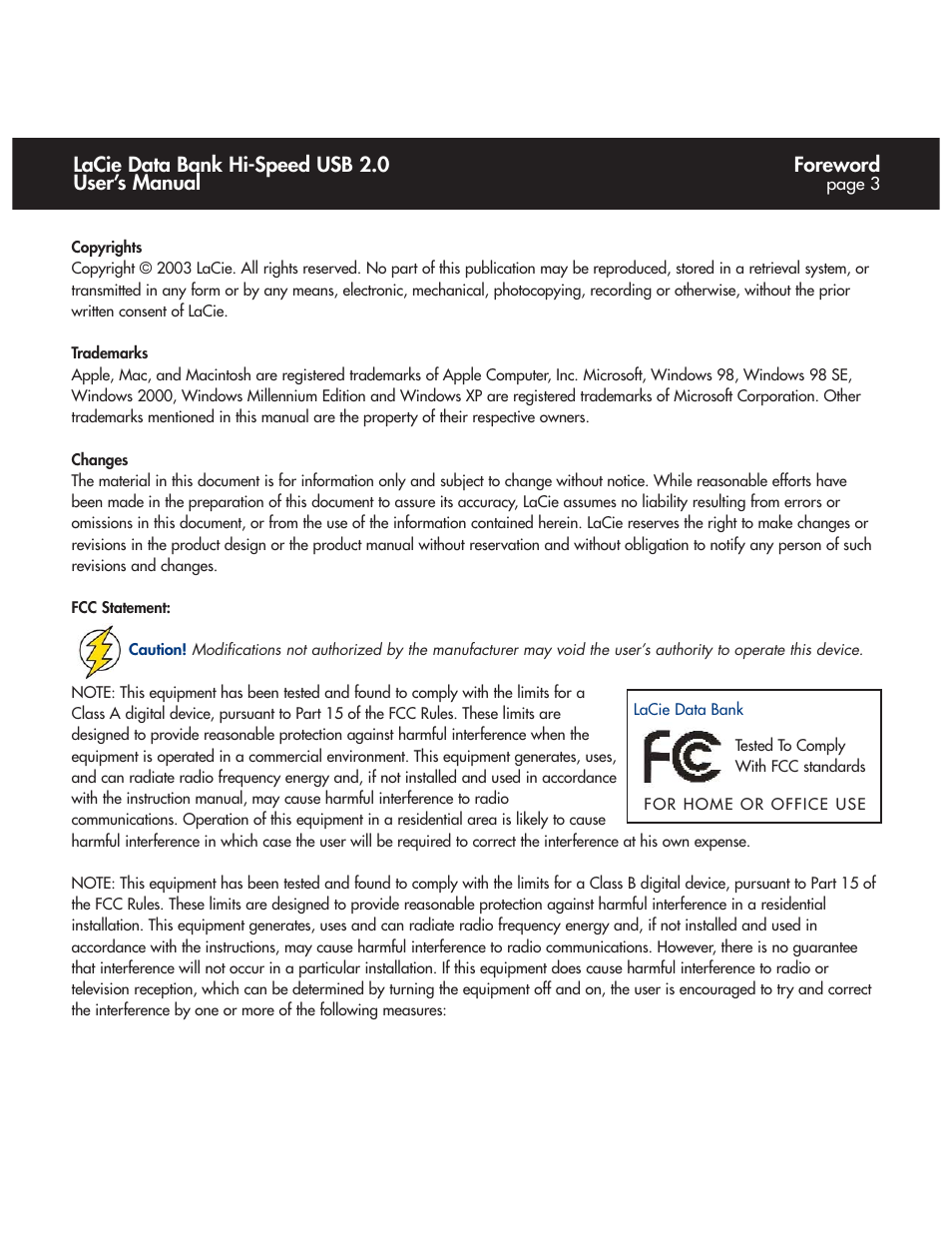 Foreword, Lacie data bank hi-speed usb 2.0 user’s manual | LaCie Databank User Manual | Page 3 / 39