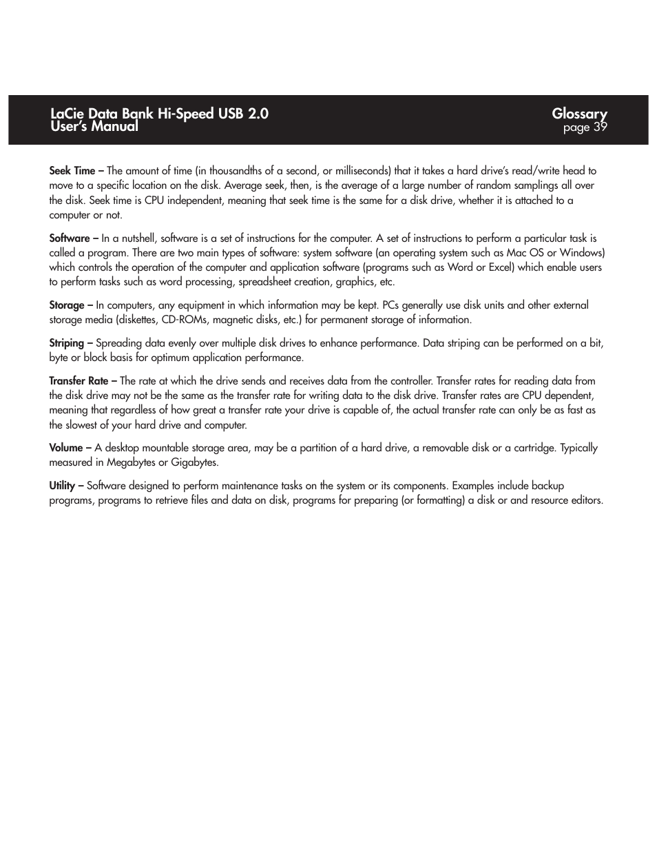 Glossary, Lacie data bank hi-speed usb 2.0 user’s manual | LaCie Databank User Manual | Page 39 / 39