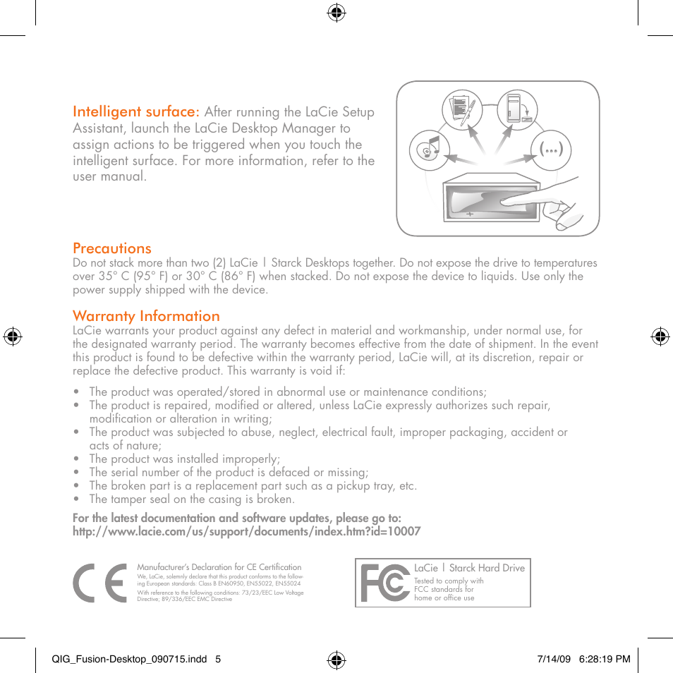 Precautions, Warranty information, Intelligent surface | One touch launch | LaCie Starck Desktop User Manual | Page 5 / 24