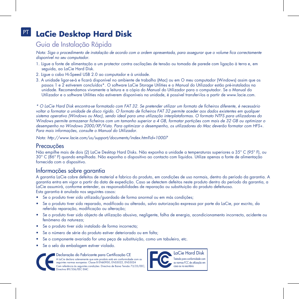 Lacie desktop hard disk, Guia de instalação rápida, Precauções | Informações sobre garantia | LaCie Computer Drive User Manual | Page 10 / 22