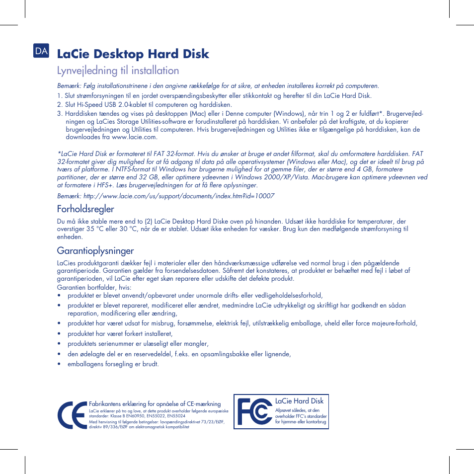 Lacie desktop hard disk, Lynvejledning til installation, Forholdsregler | Garantioplysninger | LaCie Computer Drive User Manual | Page 12 / 22
