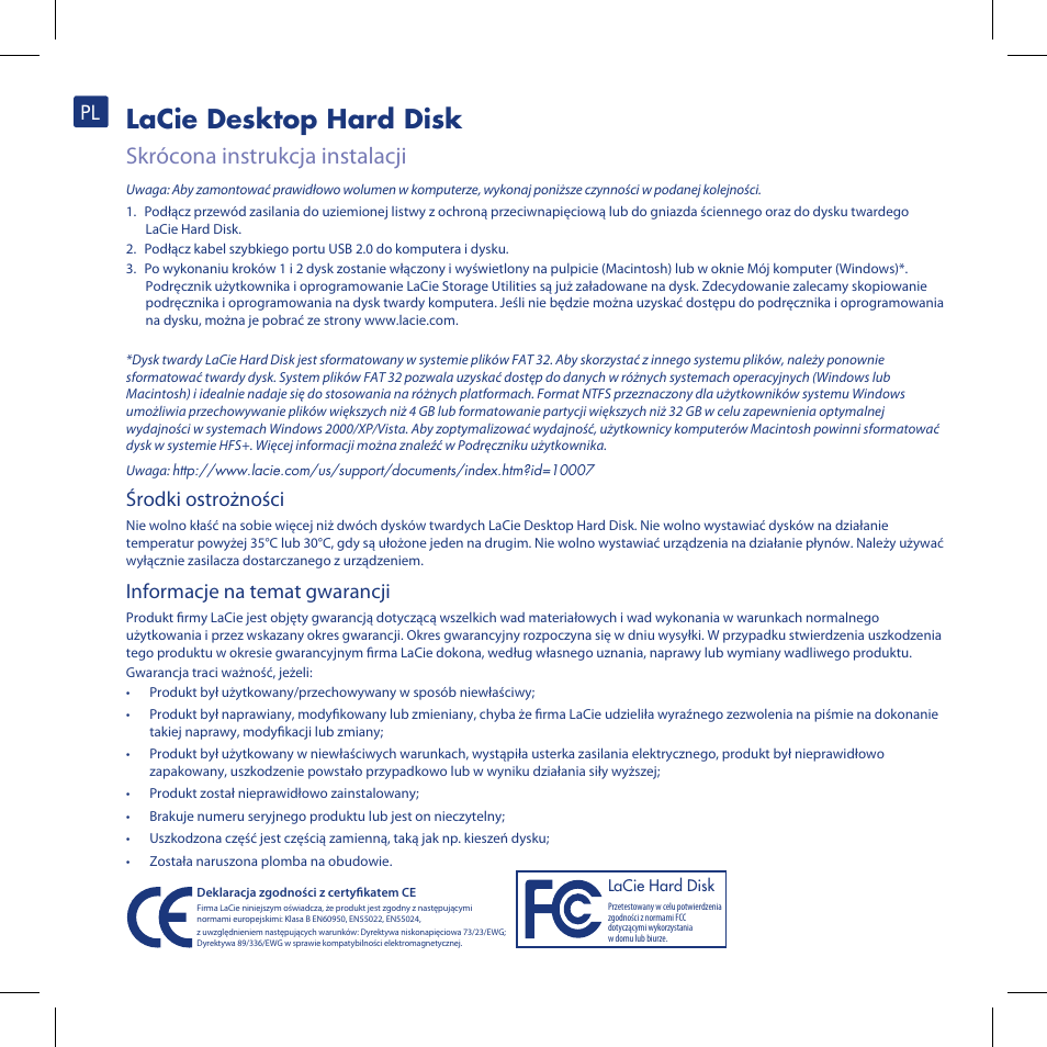 Lacie desktop hard disk, Skrócona instrukcja instalacji, Środki ostrożności | Informacje na temat gwarancji | LaCie Computer Drive User Manual | Page 14 / 22