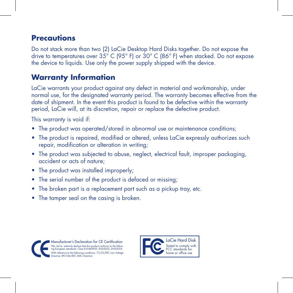 Precautions, Warranty information | LaCie Computer Drive User Manual | Page 4 / 22