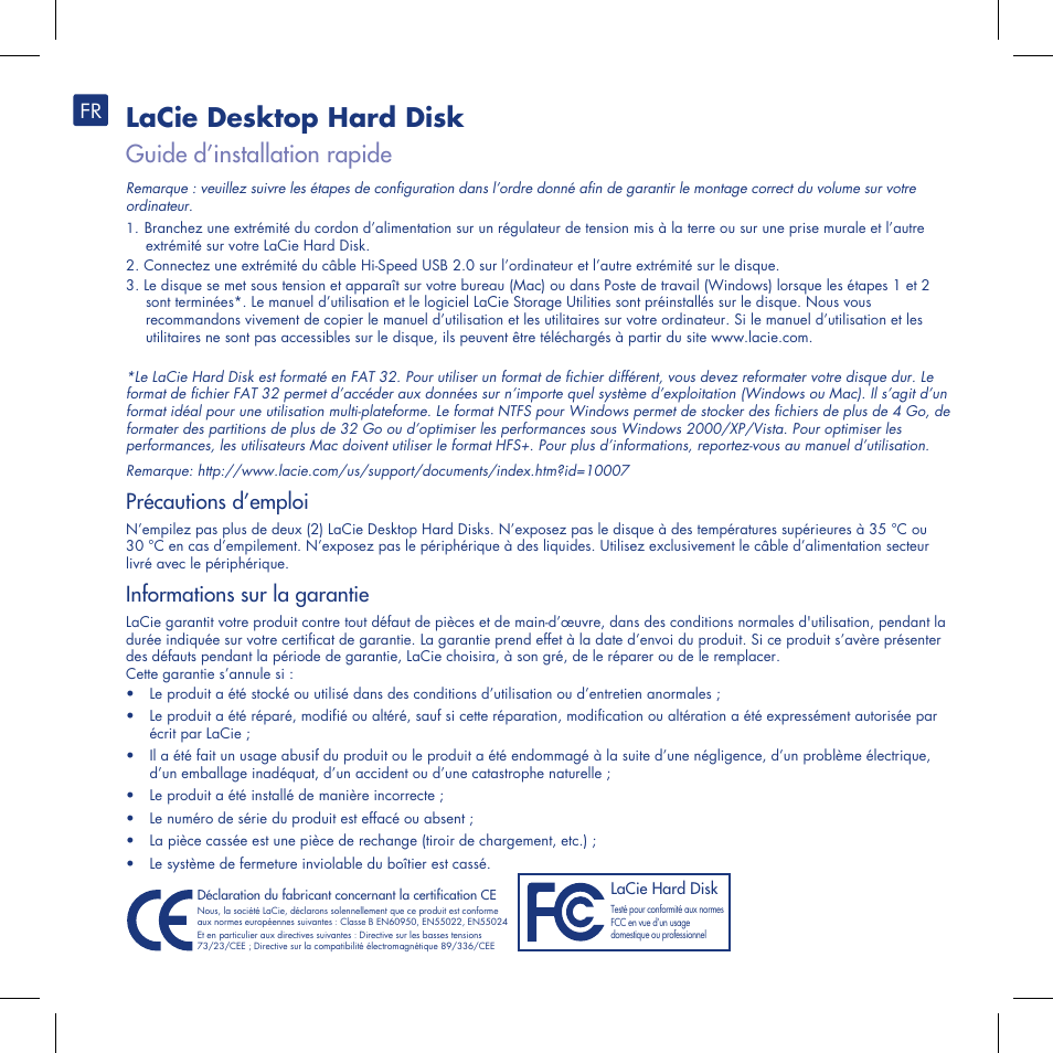 Lacie desktop hard disk, Guide d’installation rapide, Précautions d’emploi | Informations sur la garantie | LaCie Computer Drive User Manual | Page 5 / 22