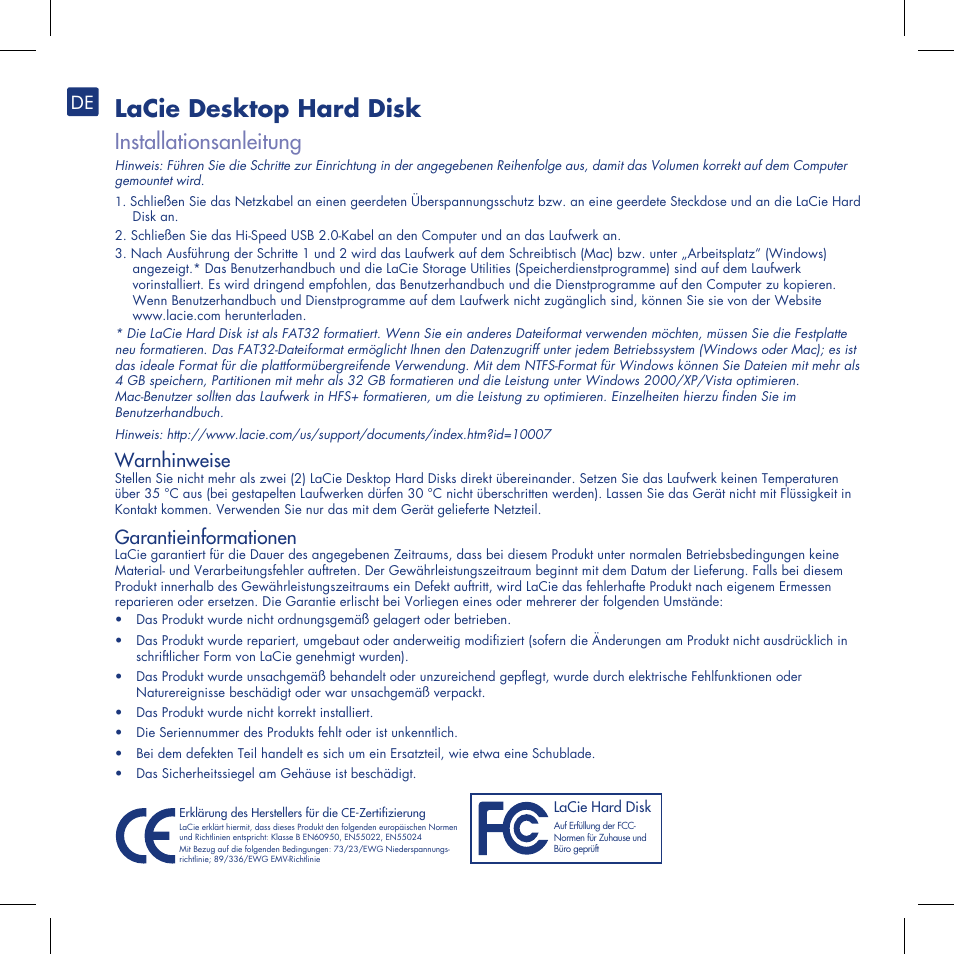 Lacie desktop hard disk, Installationsanleitung, Warnhinweise | Garantieinformationen | LaCie Computer Drive User Manual | Page 7 / 22