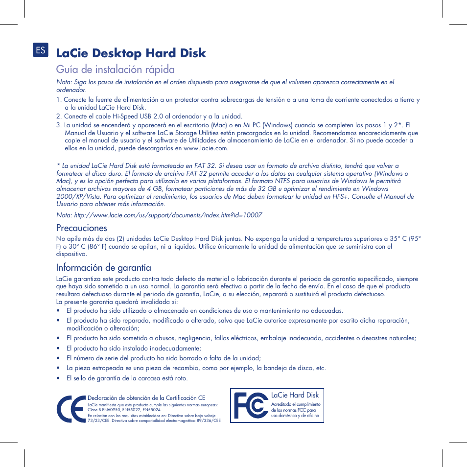 Lacie desktop hard disk, Guía de instalación rápida, Precauciones | Información de garantía | LaCie Computer Drive User Manual | Page 8 / 22