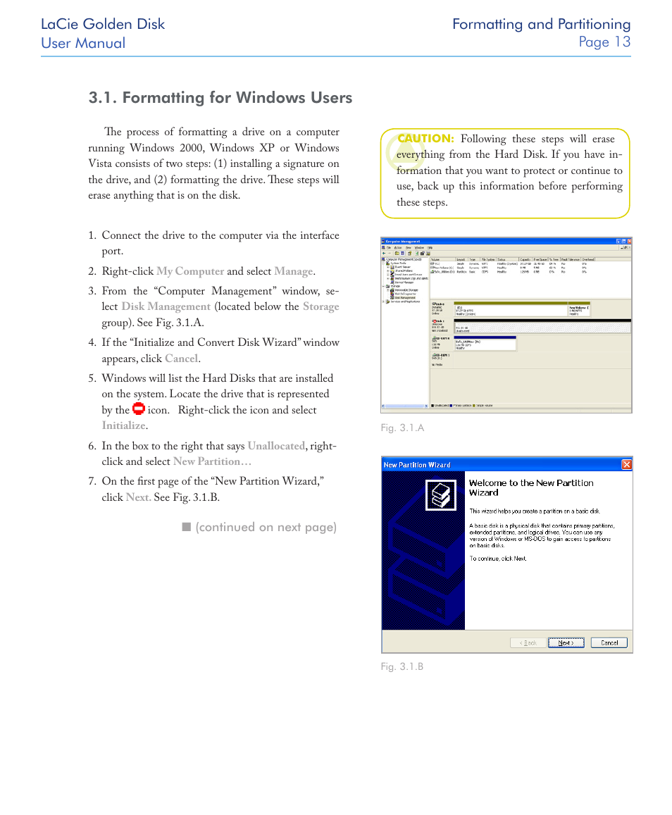 Formatting for windows users | LaCie Golden Disk User Manual | Page 13 / 24