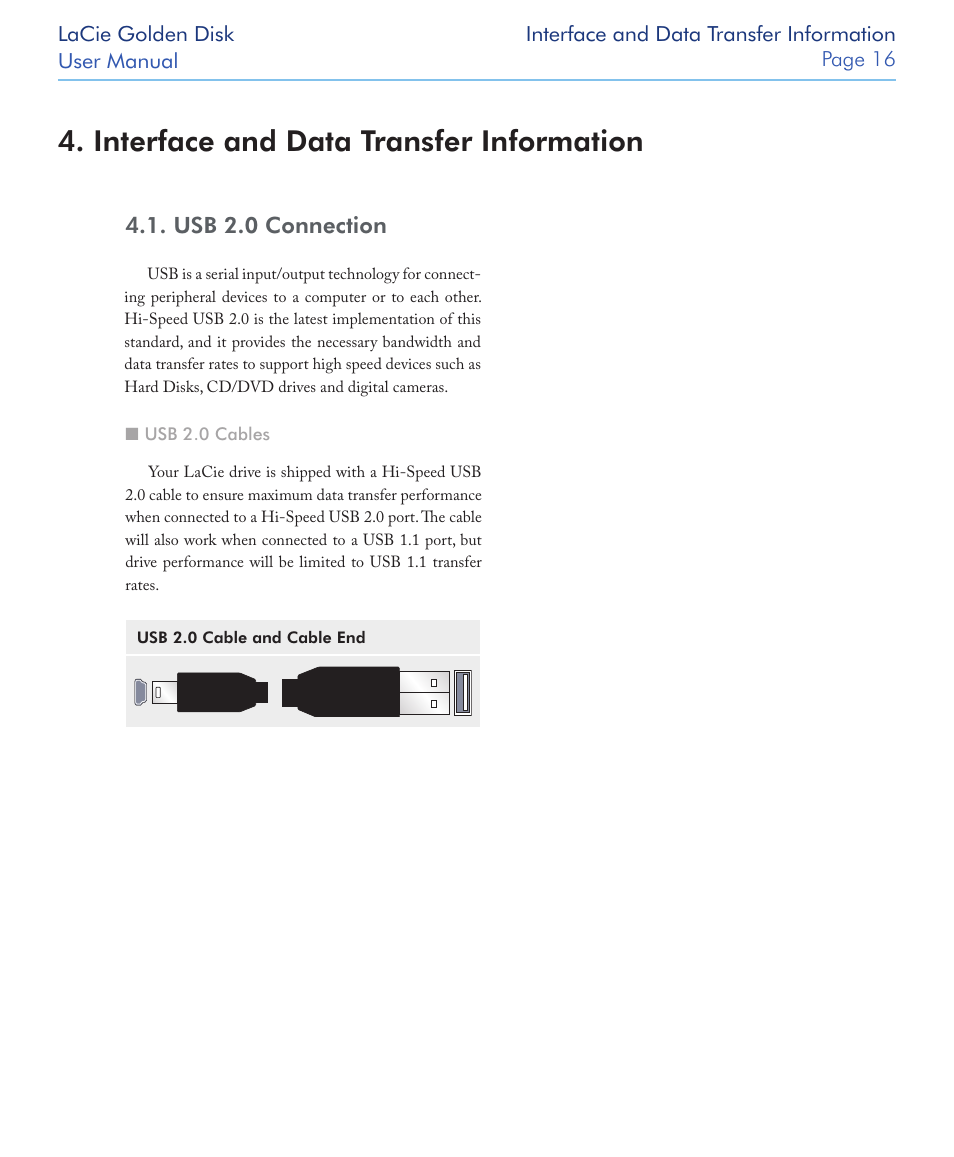 Interface and data transfer information, Usb 2.0 connection | LaCie Golden Disk User Manual | Page 16 / 24