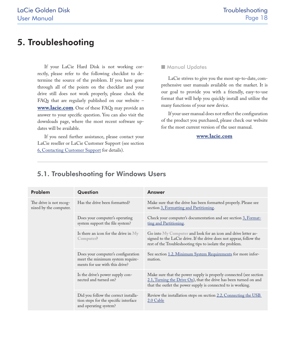 Troubleshooting, Troubleshooting for windows users | LaCie Golden Disk User Manual | Page 18 / 24