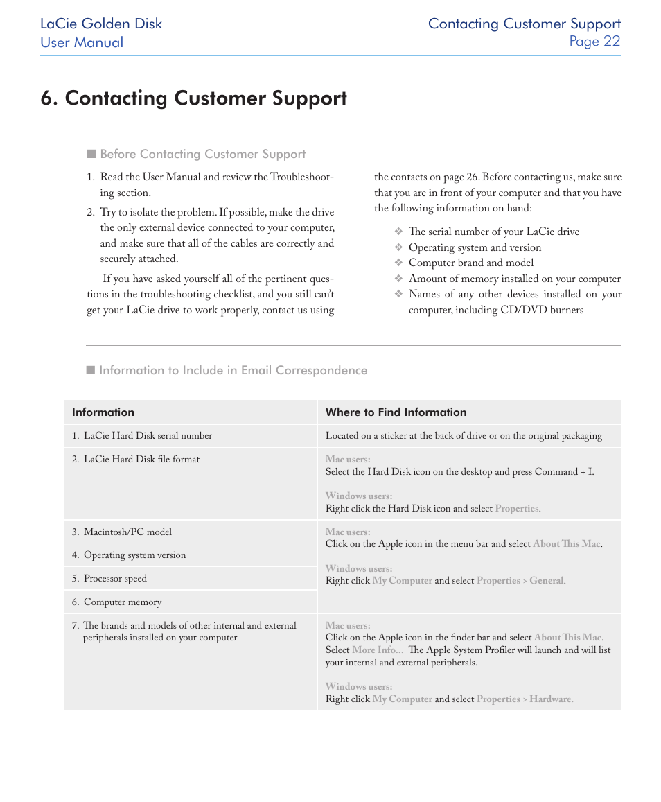 Contacting customer support | LaCie Golden Disk User Manual | Page 22 / 24