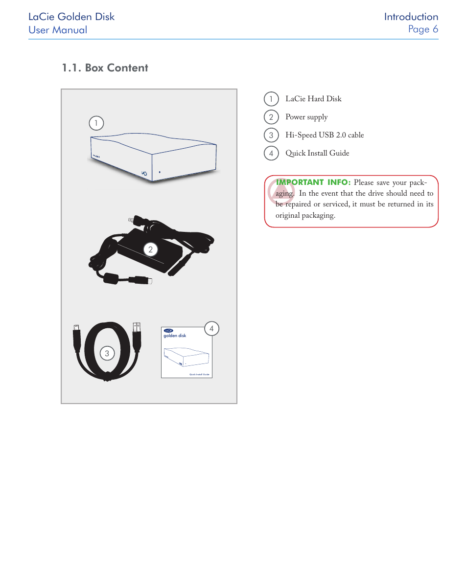 Box content, Lacie golden disk user manual introduction page 6 | LaCie Golden Disk User Manual | Page 6 / 24