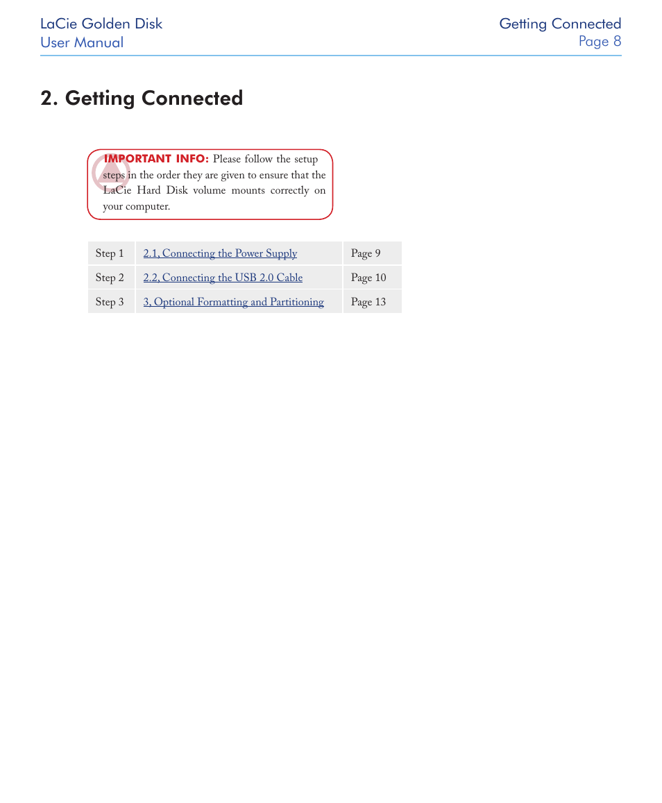 Getting connected | LaCie Golden Disk User Manual | Page 8 / 24