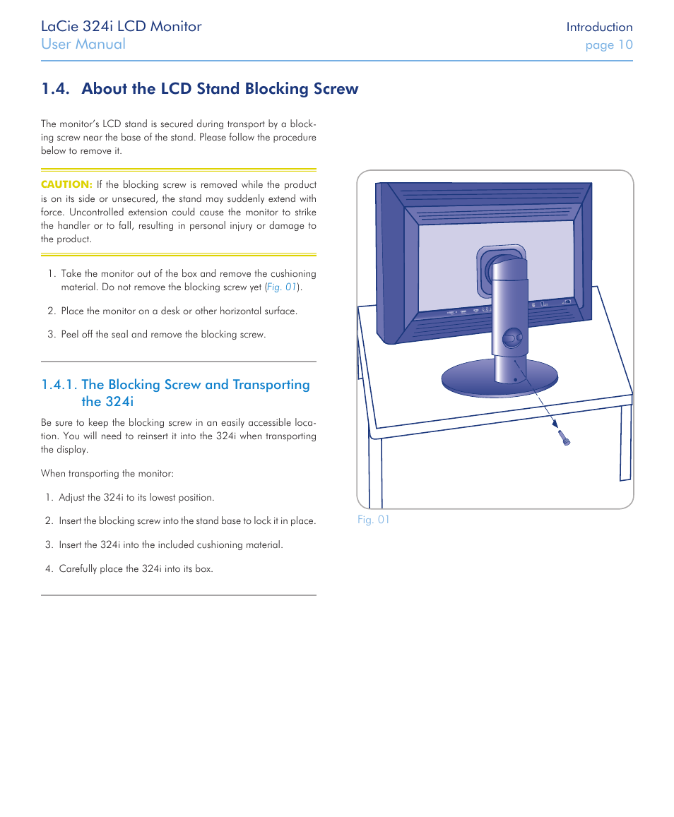 About the lcd stand blocking screw, The blocking screw and transporting the 324i, Lacie 324i lcd monitor | User manual | LaCie 324I User Manual | Page 10 / 43