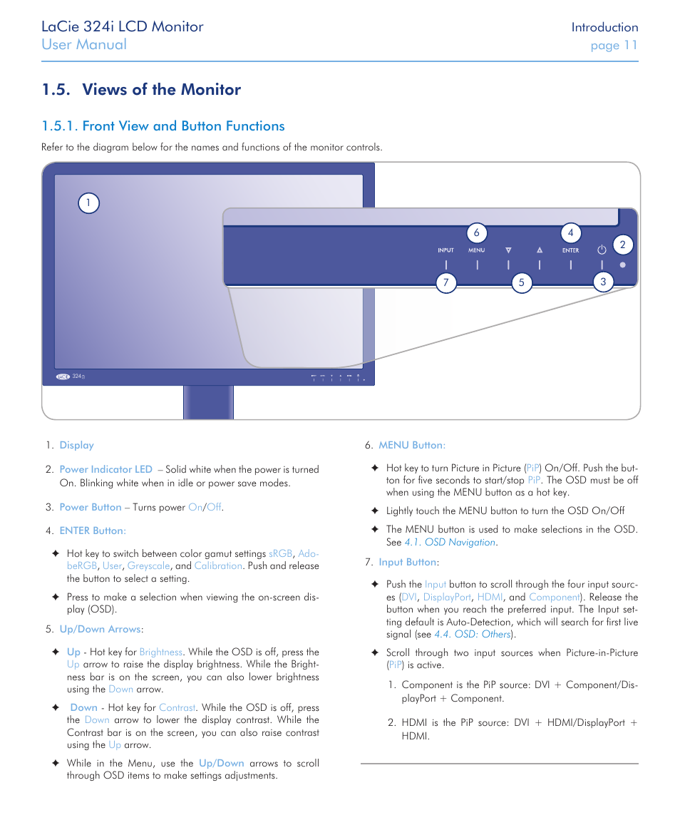 Views of the monitor, Front view and button functions, Lacie 324i lcd monitor | User manual | LaCie 324I User Manual | Page 11 / 43