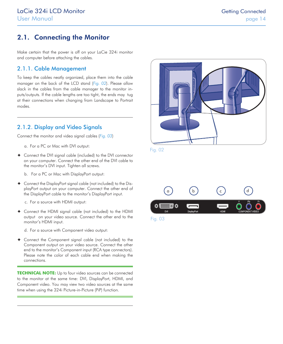 Connecting the monitor, Cable management, Display and video signals | Cable management 2.1.2. display and video signals, Lacie 324i lcd monitor, User manual | LaCie 324I User Manual | Page 14 / 43